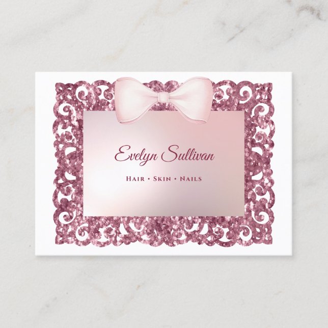 Pink glitter frame bow business card visitkort (Framsida)