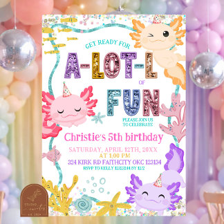 Pink Glitter girl Axolotl birthday invitation Inbjudningar