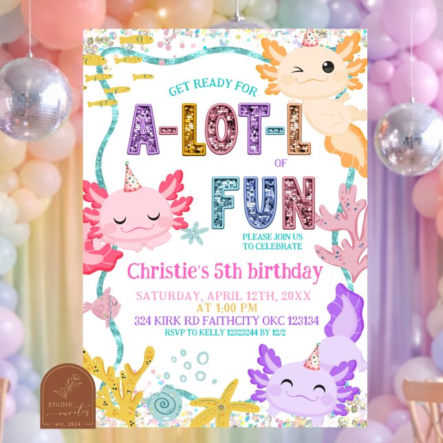 Pink Glitter girl Axolotl birthday invitation Inbjudningar (Skapare uppladdad)