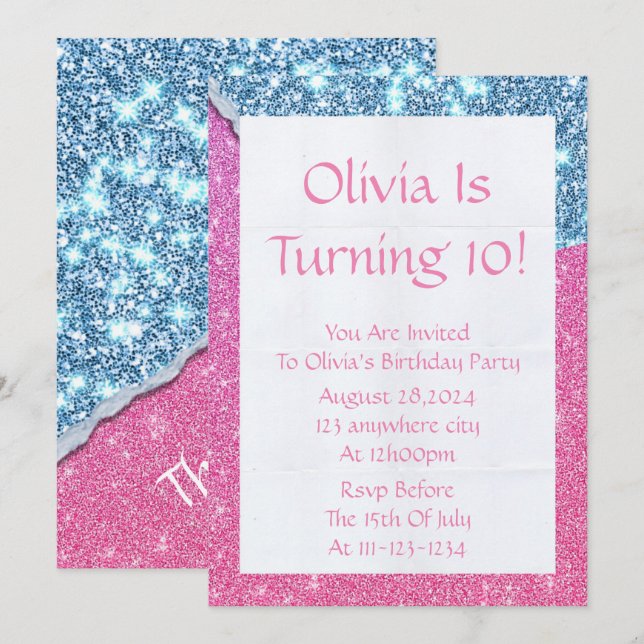 PINK GLITTER GIRL BIRTHDAY INVITATION INBJUDNINGAR (Fram/baksida)