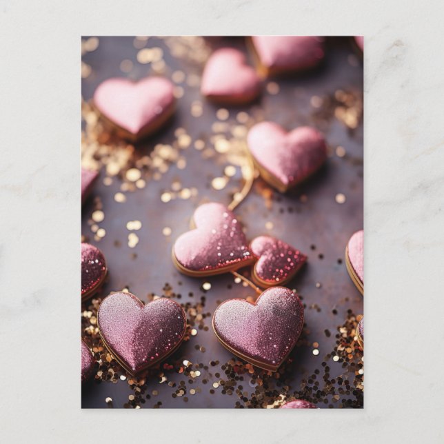 pink glitter hearts for valentine`s day vykort (Framsida)