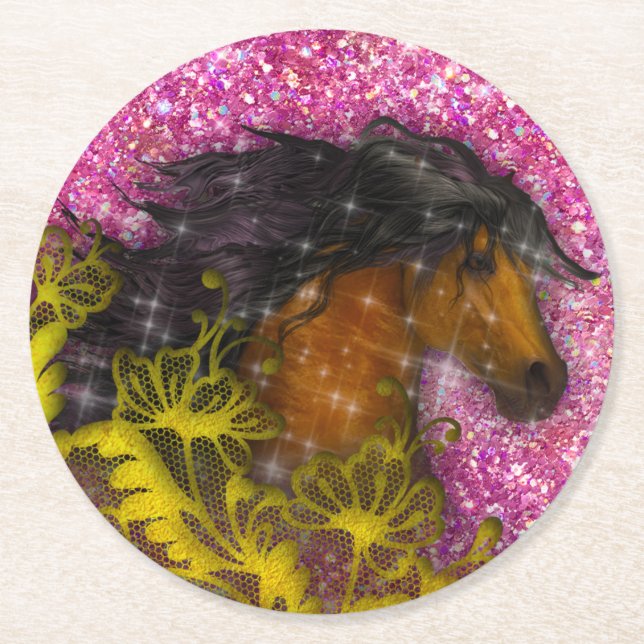 Pink Glitter Horse Underlägg Papper Rund (Framsidan)