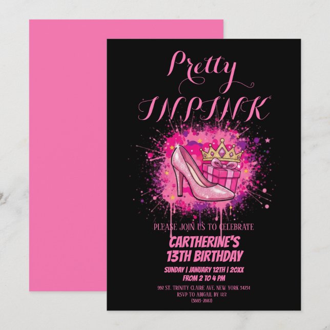 Pink Glitter Pretty in Pink Birthday Party  Inbjudningar (Fram/baksida)