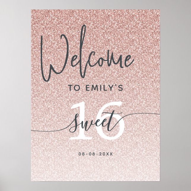 Pink Glitter Sweet 16 Welcome Sign Poster (Framsidan)