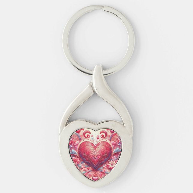 Pink Glittery Swirl Heart Keychain Twisted Heart Silverfärgad Nyckelring (Framsidan)