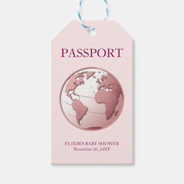 Pink Globe Passport Travel Baby Shower Presentetikett (Framsidan)