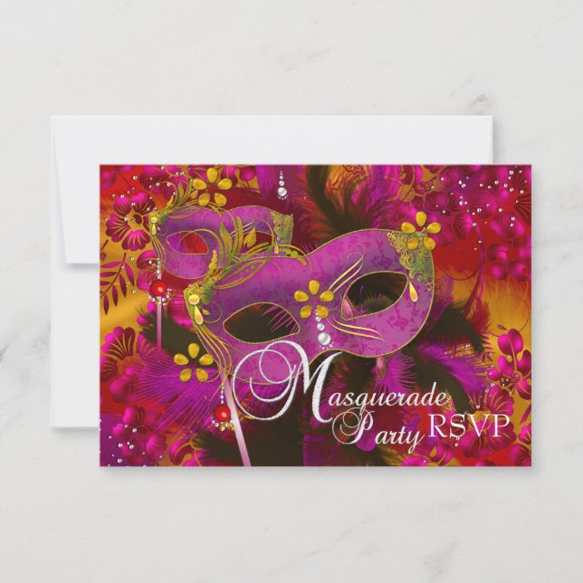 Pink Gold Blommig Maskeradfest RSVP OSA Kort (Framsida)