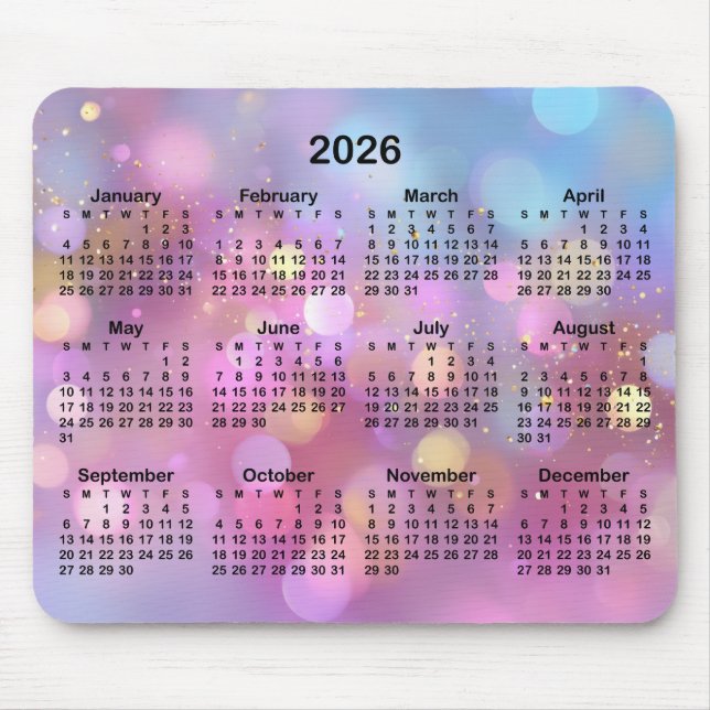 Pink Gold Blue Bokeh 2026 Calendar Musmatta (Framsidan)