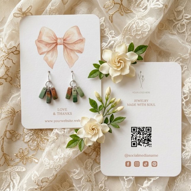Pink & Gold Coquette Bow QR Jewelry Display TMF26 Visitkort (Elegant Pink and Faux Gold Coquette Bow Watercolor Effect Jewelry Display with Custom QR Code.)