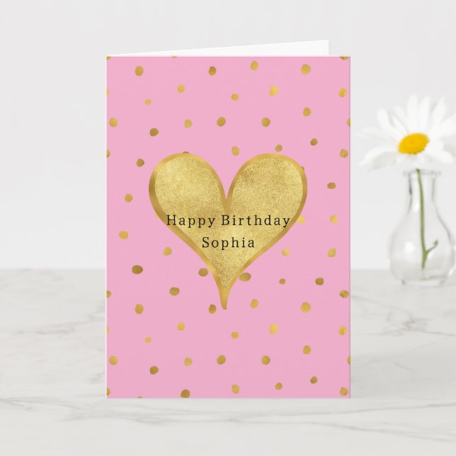 Pink Gold Dots Heart Birthday Kort (Liten växt)