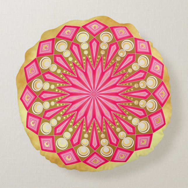 Pink Gold Fantasy Mandala Rund Kudde (Baksidan)