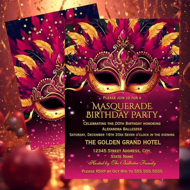 Pink Gold Feathers Masks Masquerade Birthday Party Inbjudningar (Skapare uppladdad)