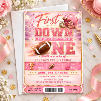 Pink Gold First Down Football 1st Birthday Ticket Inbjudningar