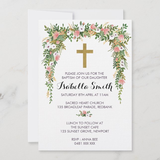 Pink Gold floral Baptism / Christening Invitation Inbjudningar (Framsida)