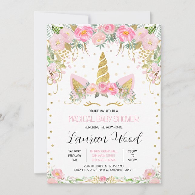 Pink Gold Floral Unicorn Baby Shower Inbjudningar (Framsida)