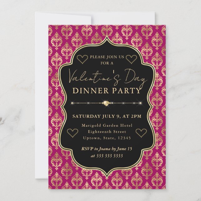 Pink & Gold Heart Damask Valentine's Dinner Party Inbjudningar (Framsida)