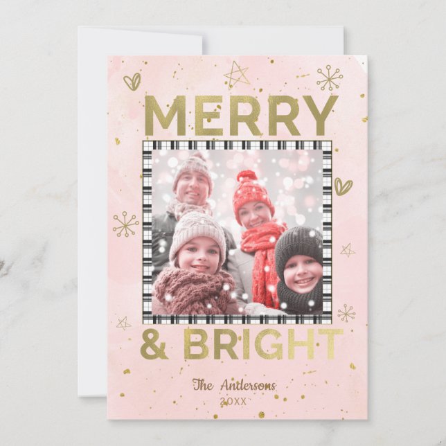 Pink Gold MERRY & BRIGHT Holiday Doodle Foto Julkort (Framsida)