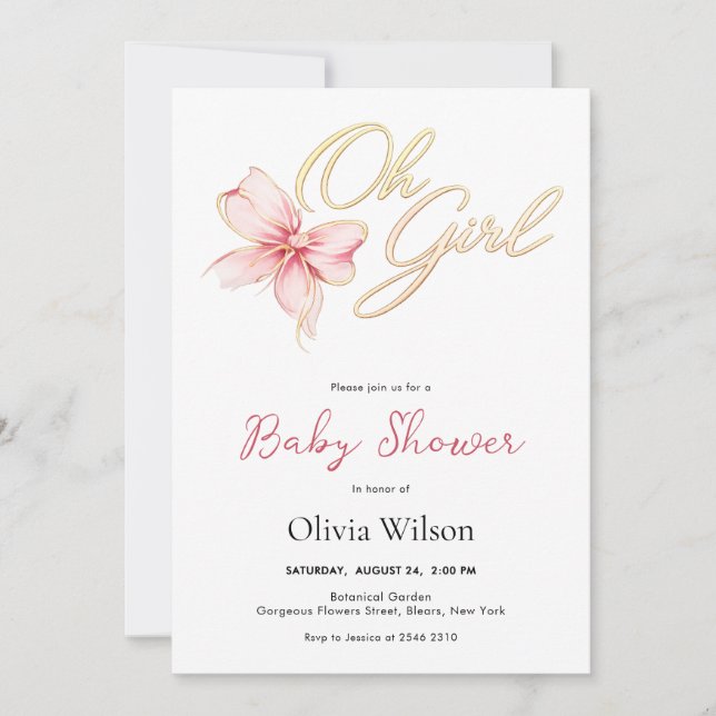 Pink & Gold “Oh Girl” Gold Typography Baby Shower Inbjudningar (Framsida)