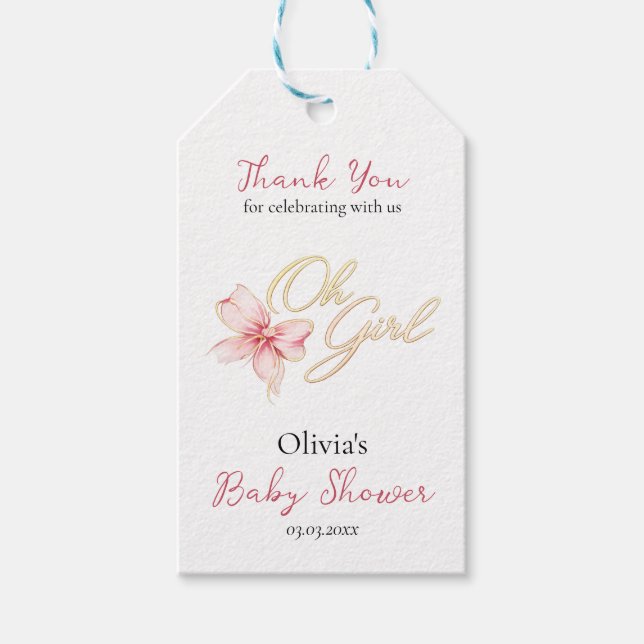 Pink & Gold “Oh Girl” Gold Typography Baby Shower Presentetikett (Framsidan)