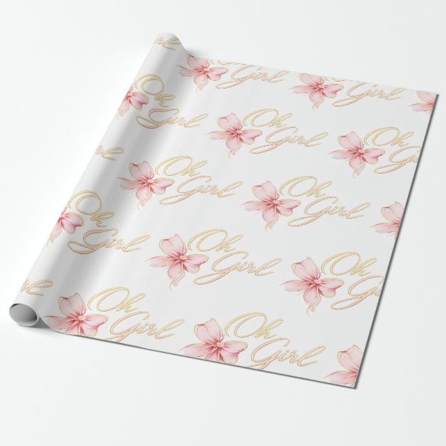 Pink & Gold “Oh Girl” Gold Typography Baby Shower Presentpapper (Utrullad)