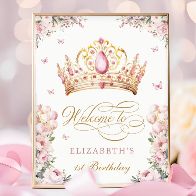 Pink Gold Princess Crown 1st Birthday Welcome Poster (Skapare uppladdad)