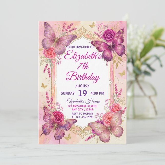 Pink gold purple elegant butterfly girl birthday  inbjudningar (Stående Fram)