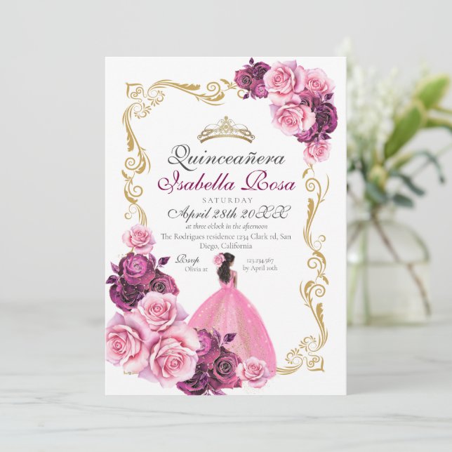 Pink Gold Rose Floral Quinceanera XV Años Inbjudningar (Stående Fram)