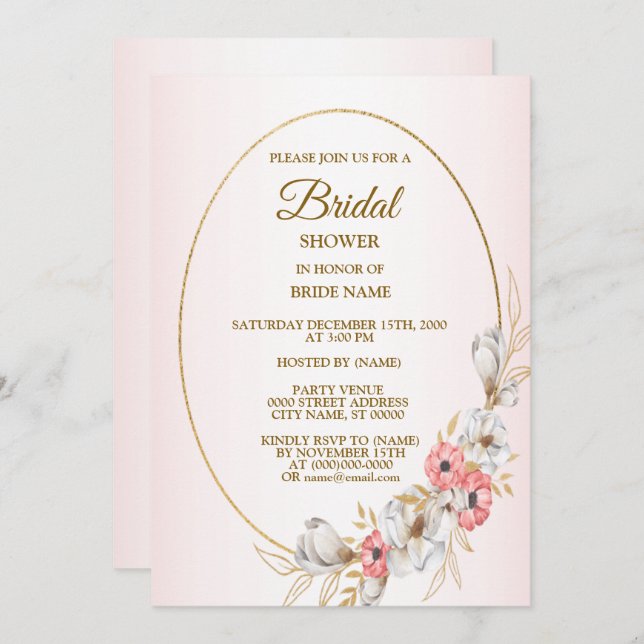 Pink Golden Floral Geometric Peach Bridal Shower Inbjudningar (Fram/baksida)