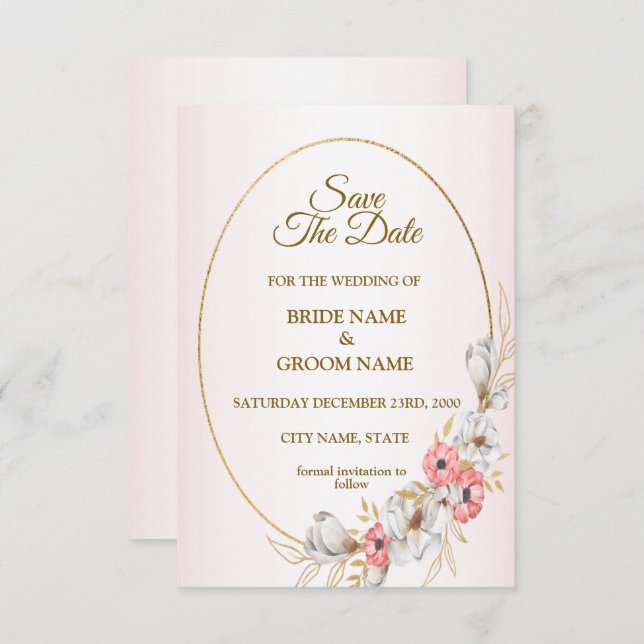 Pink Golden Floral Geometric Peach Wedding Spara Datumet (Fram/baksida)