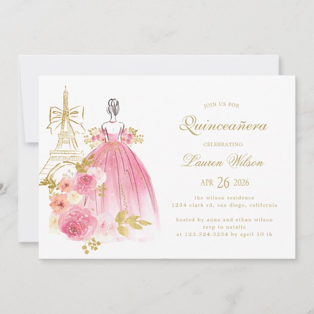 Pink Golden Floral Paris Chic Quinceanera Inbjudningar (Framsida)
