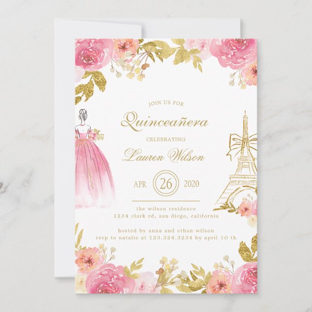 Pink Golden Floral Paris Chic Quinceanera Inbjudningar (Framsida)