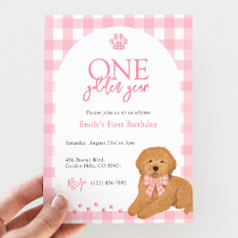 Pink Goldendoodle Dog One Golden Year birthday Inbjudningar