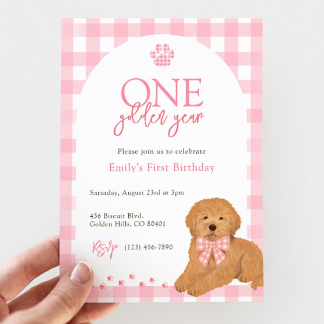 Pink Goldendoodle Dog One Golden Year birthday Inbjudningar (Skapare uppladdad)