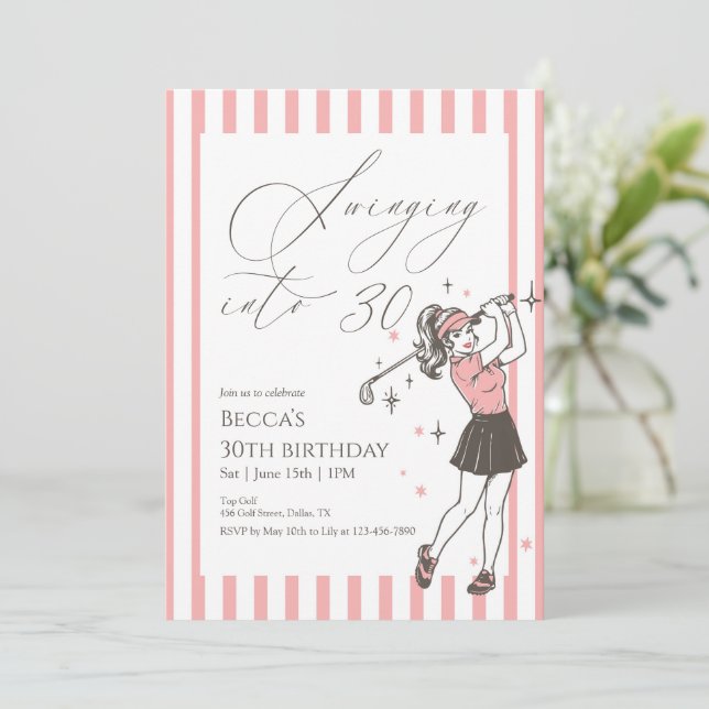 Pink Golf 30th Birthday Party Swinging Into 30 Inbjudningar (Stående Fram)