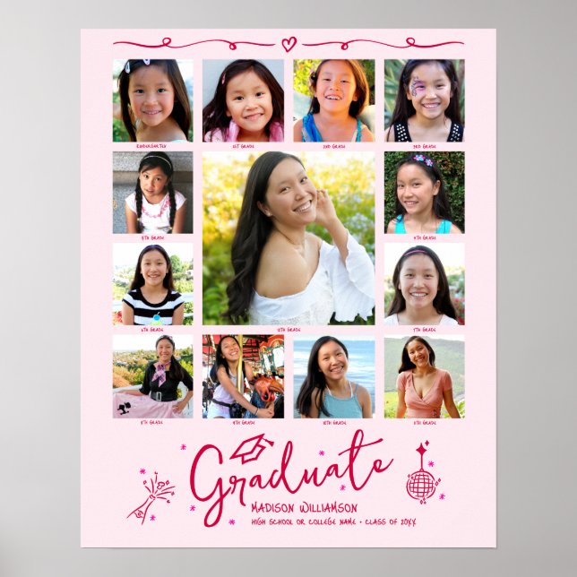 Pink Graduation K–12 Photo Collage Red Doodles Fun Poster (Framsidan)