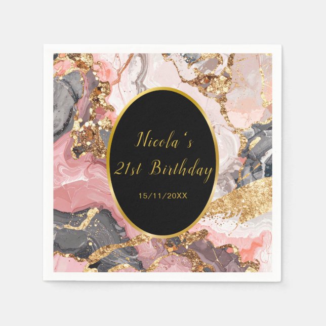 Pink, Gray and Gold Marble Agate Birthday Party Pappersservett (Framsidan)
