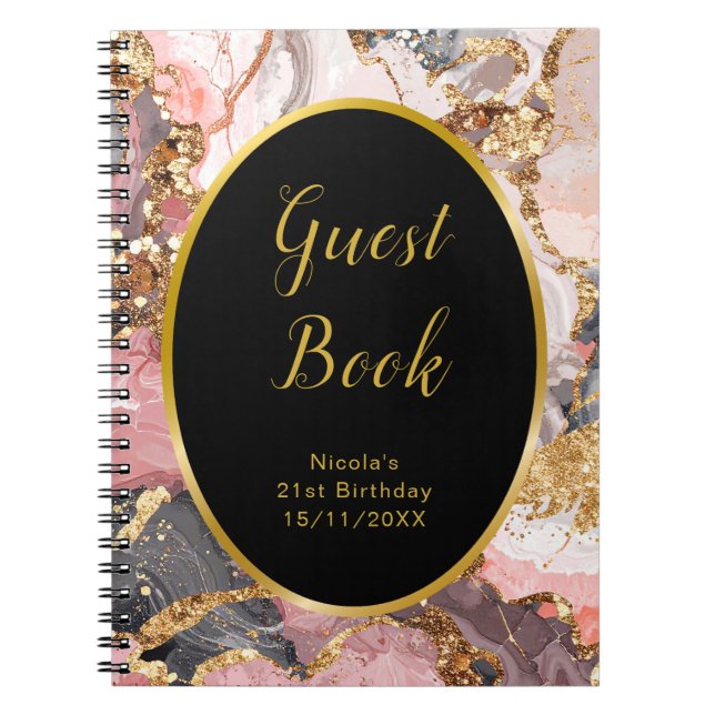 Pink, Gray and Gold Marble Birthday Guest Book Anteckningsbok (Framsidan)