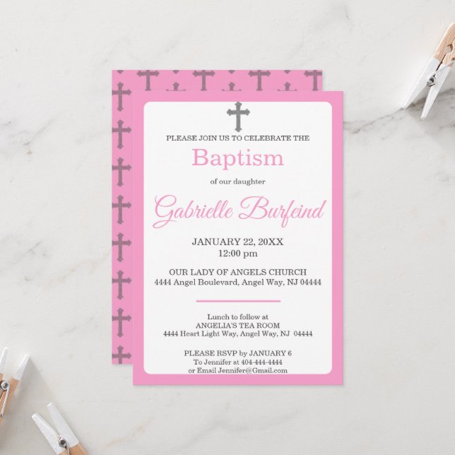 Pink & Gray Cross Watercolor Baptism Inbjudningar (Fram/Back In Situ)