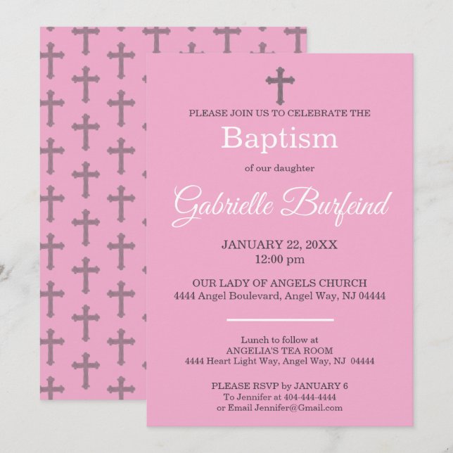 Pink & Gray Cross Watercolor Baptism Inbjudningar (Fram/baksida)