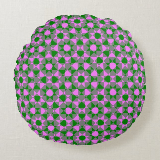 Pink Green Abstract Checker Square Pattern Rund Kudde (Framsidan)