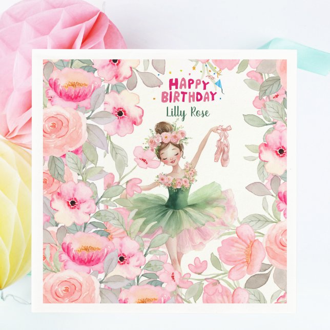 Pink & Green Custom Ballerina Birthday  Pappersservett (Personalized Ballerina Birthday Party Napkin – Pink & Green Tutu Ballet Girl )