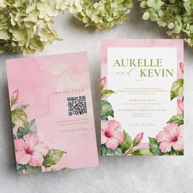 Pink Green Floral Summer Watercolor QRcode Wedding Inbjudningar (Skapare uppladdad)