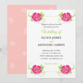 Pink Green Gold Floral Rose Wedding  Inbjudningar