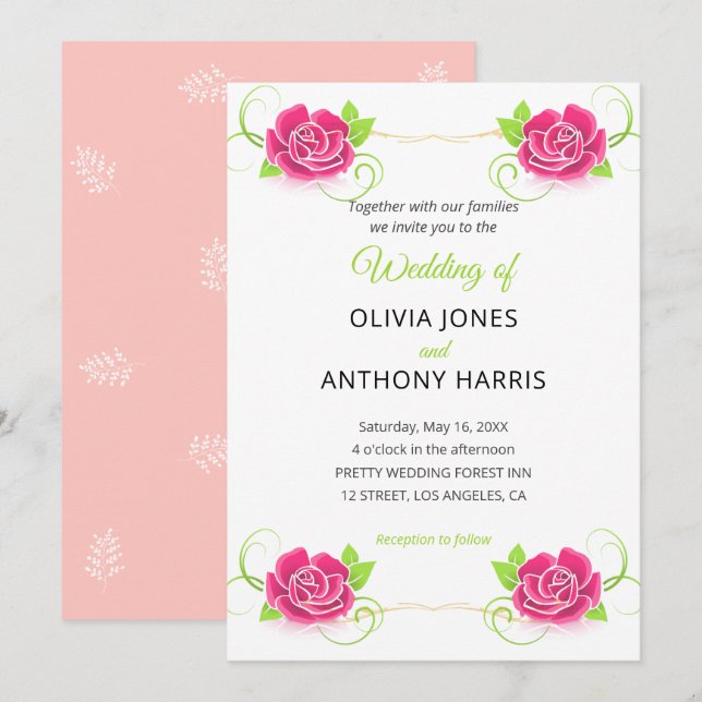 Pink Green Gold Floral Rose Wedding  Inbjudningar (Fram/baksida)