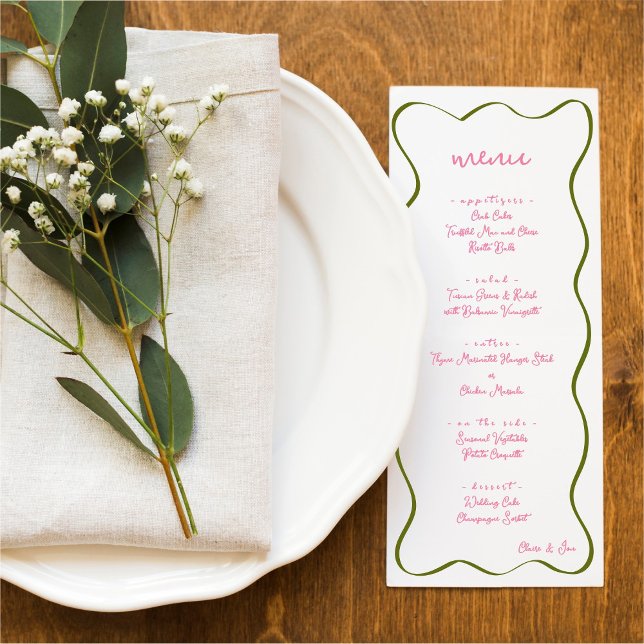 Pink & Green Hand Drawn Curvy Border Wedding Menu Meny (Skapare uppladdad)