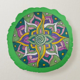 Pink/Green Lotus Mandala Round Throw Pillow Rund Kudde
