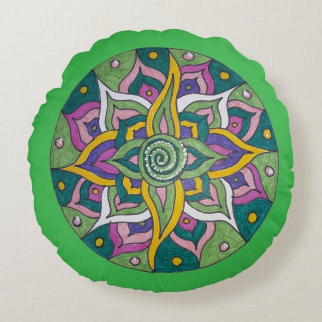 Pink/Green Lotus Mandala Round Throw Pillow Rund Kudde (Framsidan)