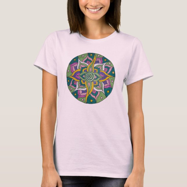 Pink/Green Lotus Mandala T-shirt (Framsida)