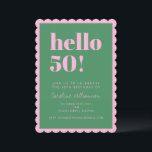 Pink Green Modern 50th Scalloped Birthday Party Inbjudningar<br><div class="desc">Make a vibrant statement with this eye-catching scalloped-edge birthday invitation! Featuring bold green “hello 50!” text on a pink background,  this playful and modern card invites guests to celebrate a milestone birthday in style. Fully customizable with name,  date,  location,  and RSVP info.</div>