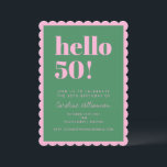 Pink Green Modern 50th Scalloped Birthday Party Inbjudningar<br><div class="desc">Make a vibrant statement with this eye-catching scalloped-edge birthday invitation! Featuring bold green “hello 50!” text on a pink background,  this playful and modern card invites guests to celebrate a milestone birthday in style. Fully customizable with name,  date,  location,  and RSVP info.</div>
